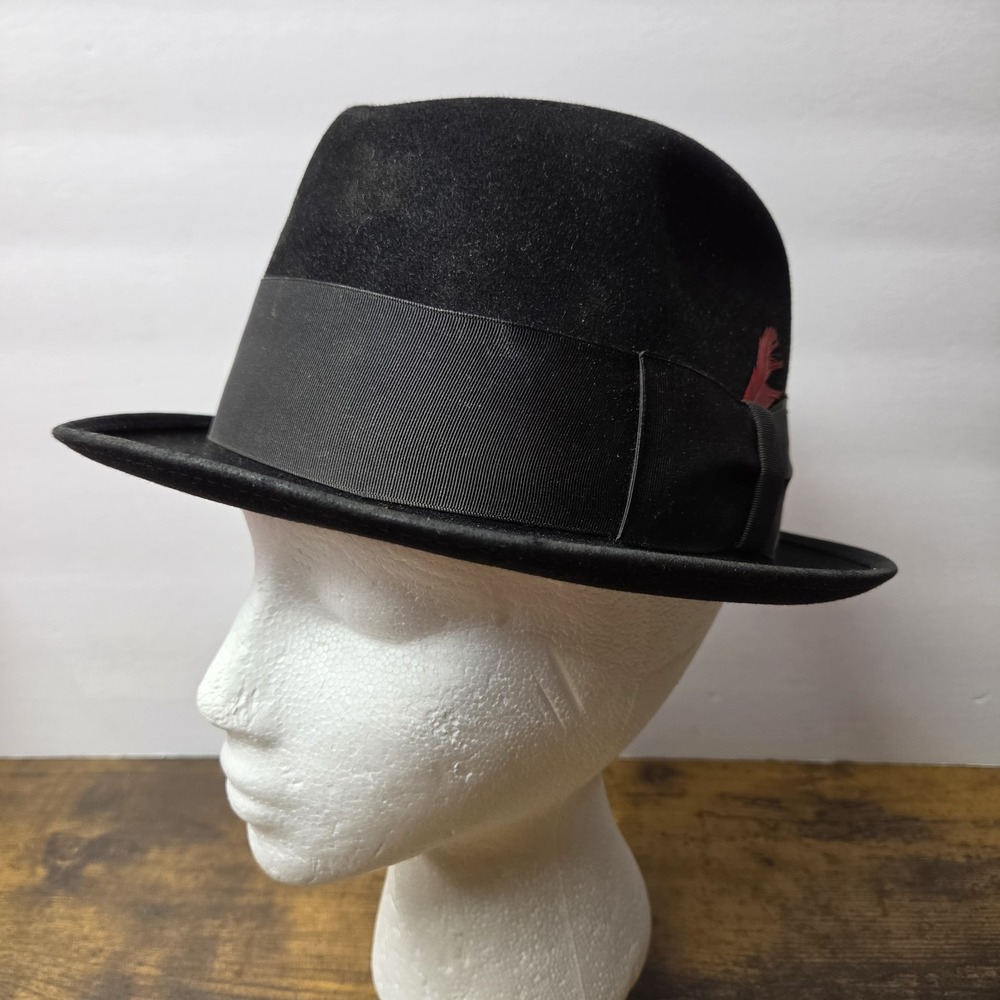 Vintage 1950s/60s Wormser Hatters To Men Black Fedora Trilby Size 7 1/4 Feather